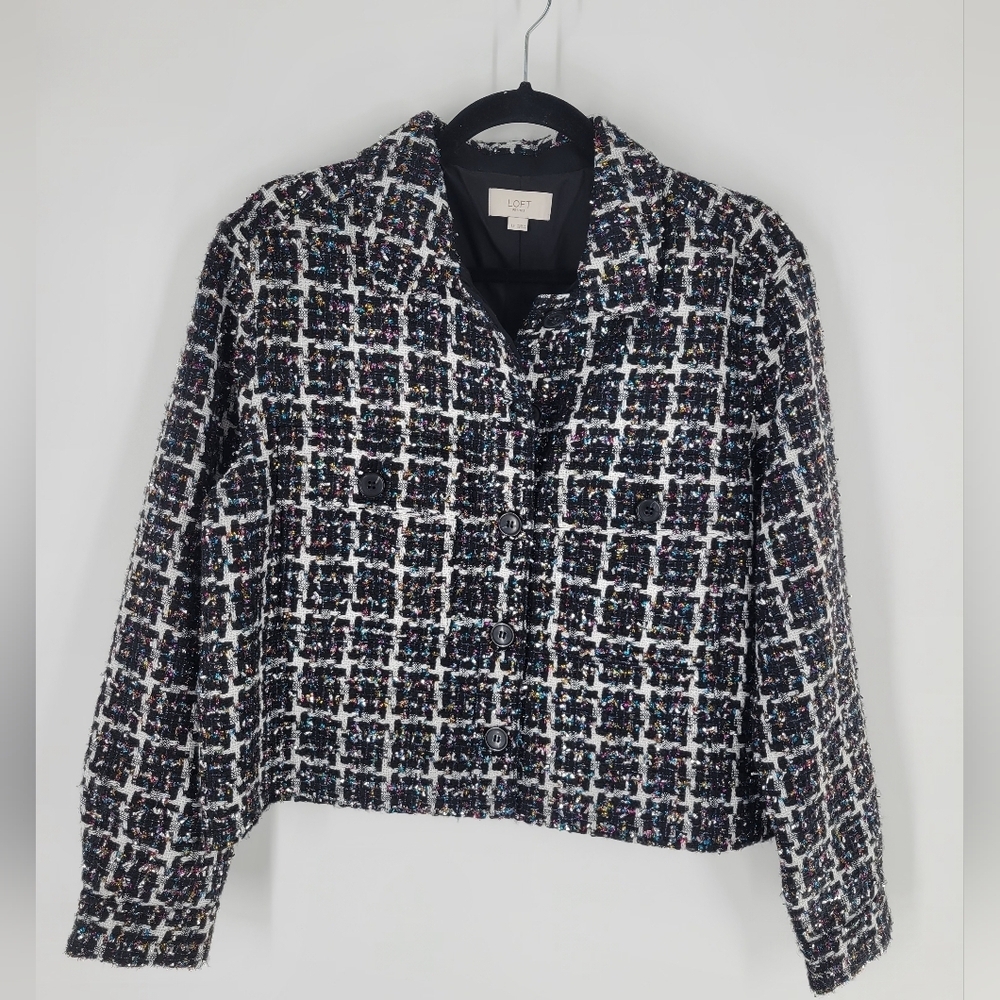 LOFT Textured Tweed Cropped Jacket  Multi Color Women's Size L Petite New